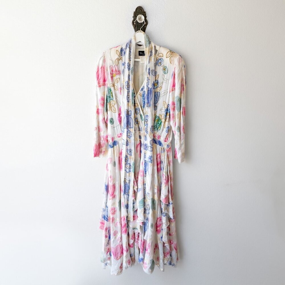 Vintage Diane Freis Georgette Dress Sz L Boho Floral Midi with Beaded Embroidery